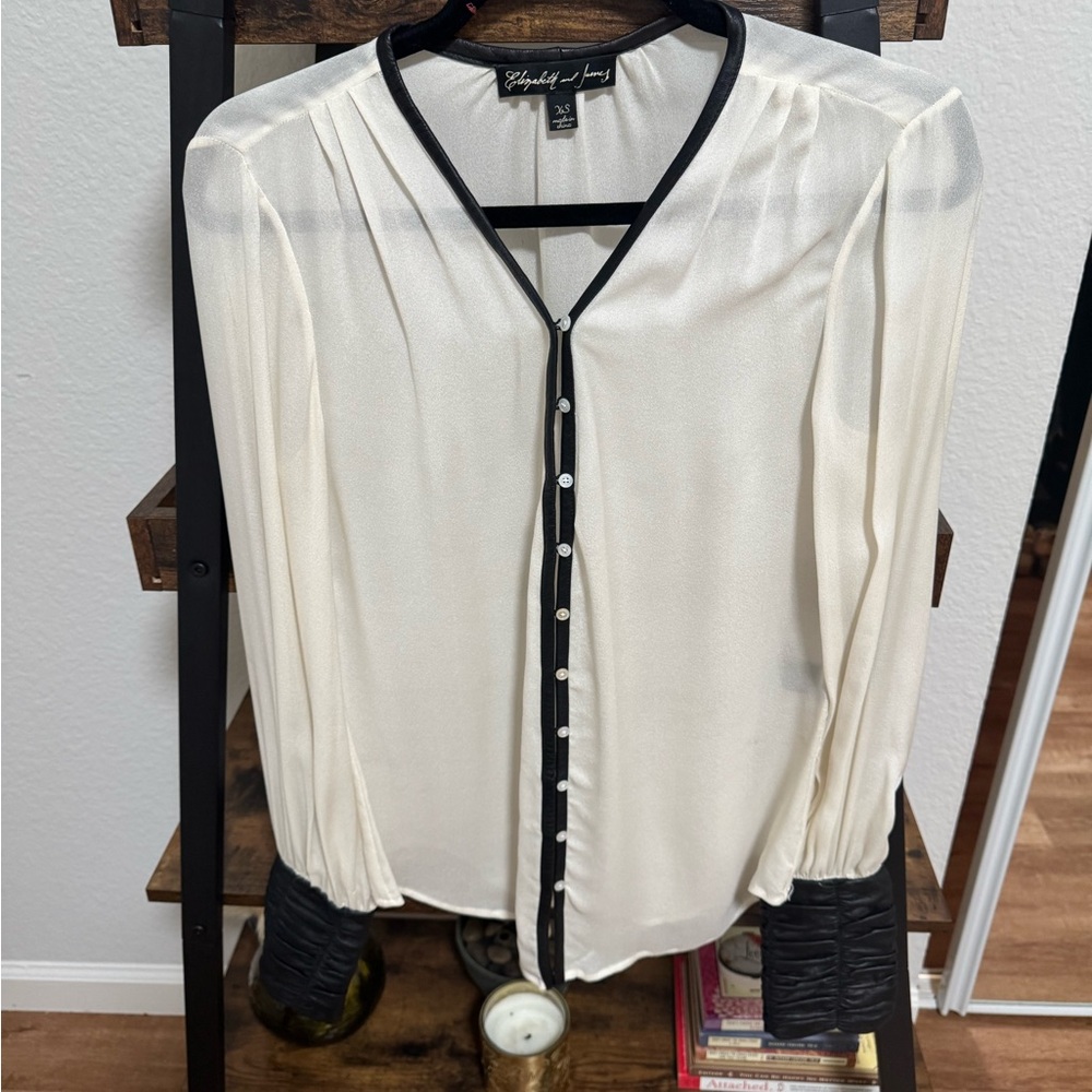 Elizabeth and James Silk Blouse Leather Trim Button Front Designer Top